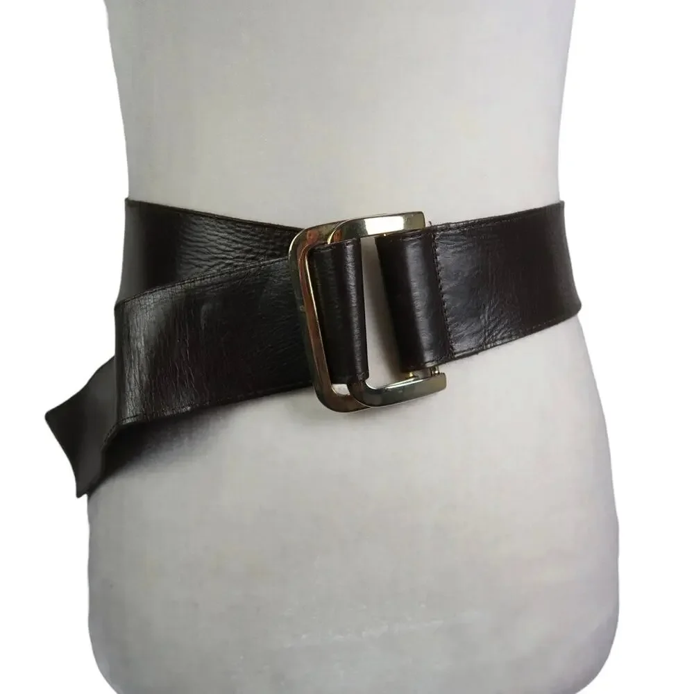 Streets Ahead Wide Dark Brown Leather Waist Belt Gold Adjustable Buckle M